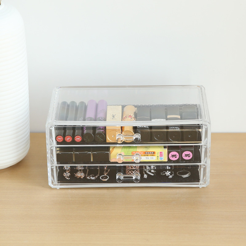 化妆品收纳盒塑料透明家用置物架梳妆台口红护肤品储物架抽屉式收纳盒_2 三抽1005