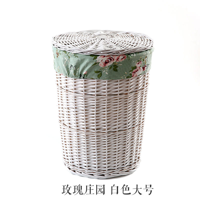 家用大号收纳篮带盖藤编脏衣篮放脏衣服收纳筐玩具篮子衣物篓子_2 玫瑰庄园白色大号