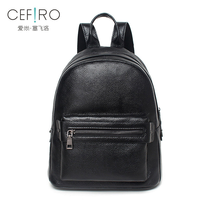 CEFIRO/塞飞洛双肩包女2018夏季新款全头层牛皮简约时尚大容量背包旅行潮 黑色