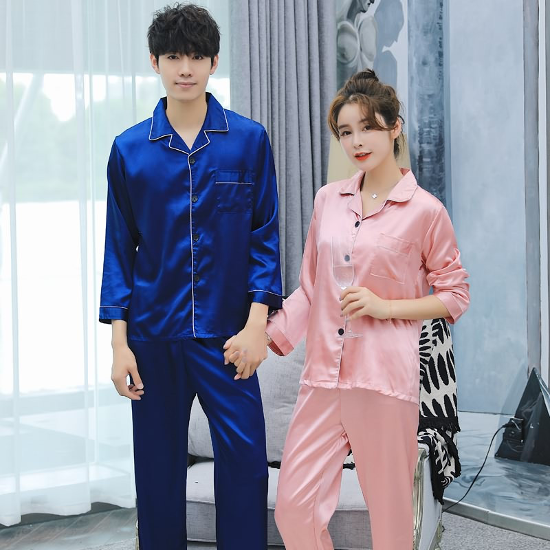 爱心鼠(Aixinshu) 秋天纯色仿真丝开衫长袖情侣睡衣居家服春秋季冰丝男士女士家居服套装9430 女款L码 1号款