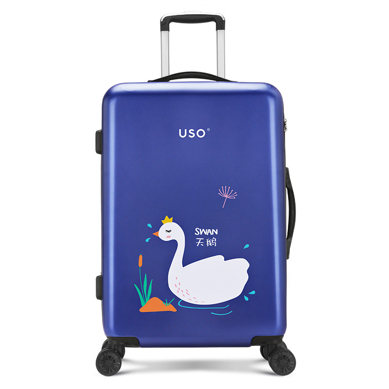 USO卡通印花箱24/26寸男行李箱万向轮拉杆箱女学生26寸便携旅行箱U-H510 26寸 蓝底天鹅