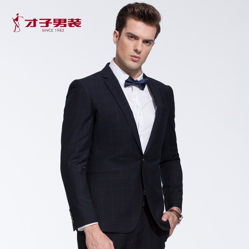 TRiES/才子男装2017春季新品精致韩风西服套装修身格子休闲西装 180/96Y 红色