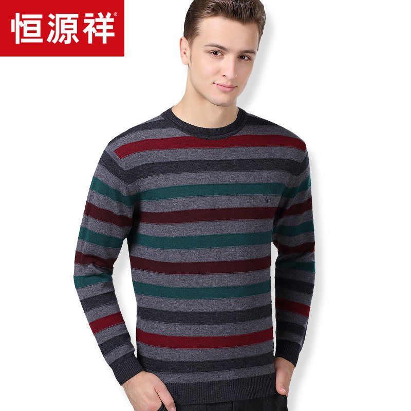 恒源祥男士羊毛衫春秋季新款中年半高领毛衣圆领条纹针织衫男装 180/115/XL 23058557中灰