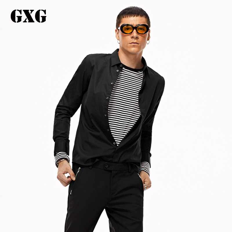 GXG男装秋季男士修身型黑色斯文长袖衬衫衬衣男款韩版_7 185/XXL 黑色
