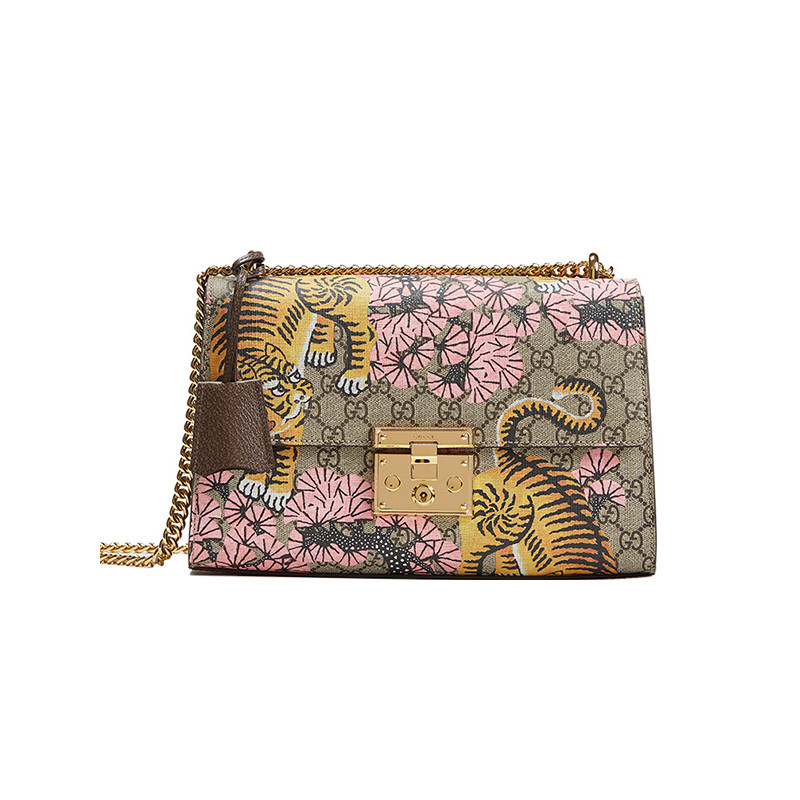 Gucci/古驰 Padlock系列女士滑动金属扣GG老虎印花肩背包409486 米色