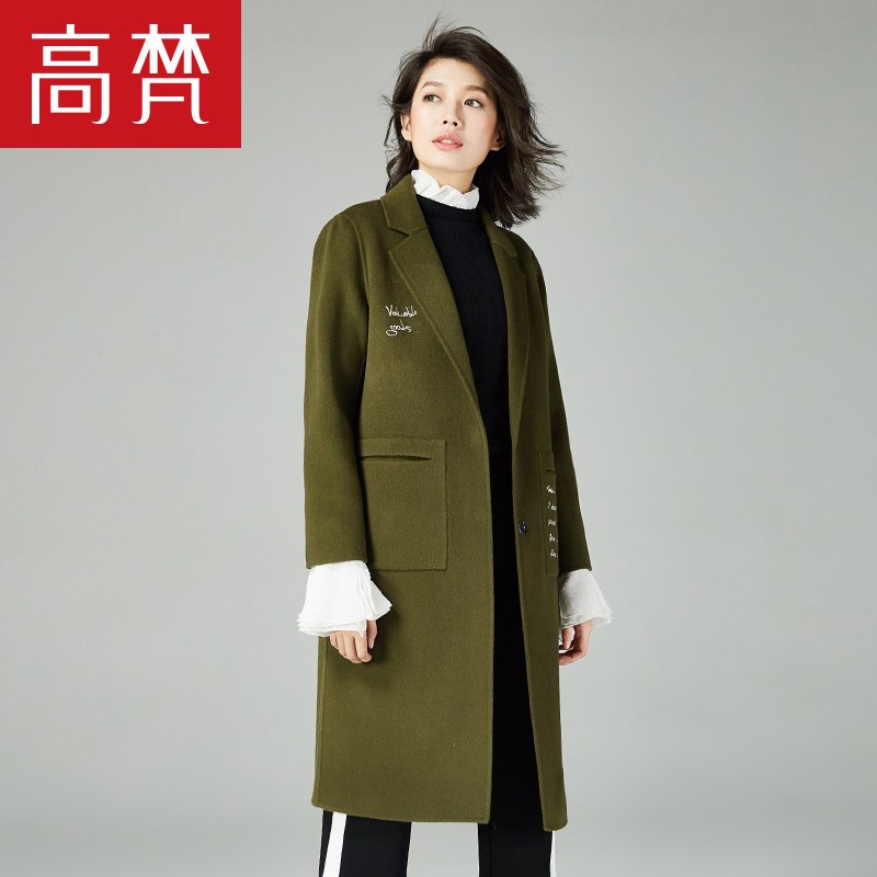 高梵(GOLDFARM)秋季潮流时尚女士中长款双面毛呢大衣 撞色绣花气质百搭羊毛大衣女 军绿 L