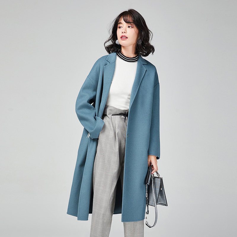 高梵(GOLDFARM)秋冬大衣女中长款女装 双面羊绒毛呢外套大衣女 雾霾蓝 L
