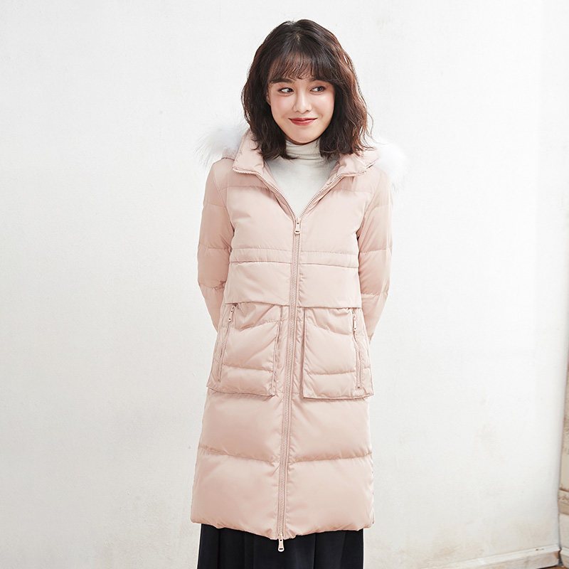 高梵(GOLDFARM)冬季纯色毛领中长款女士羽绒服休闲韩版外套潮 贝壳粉 S