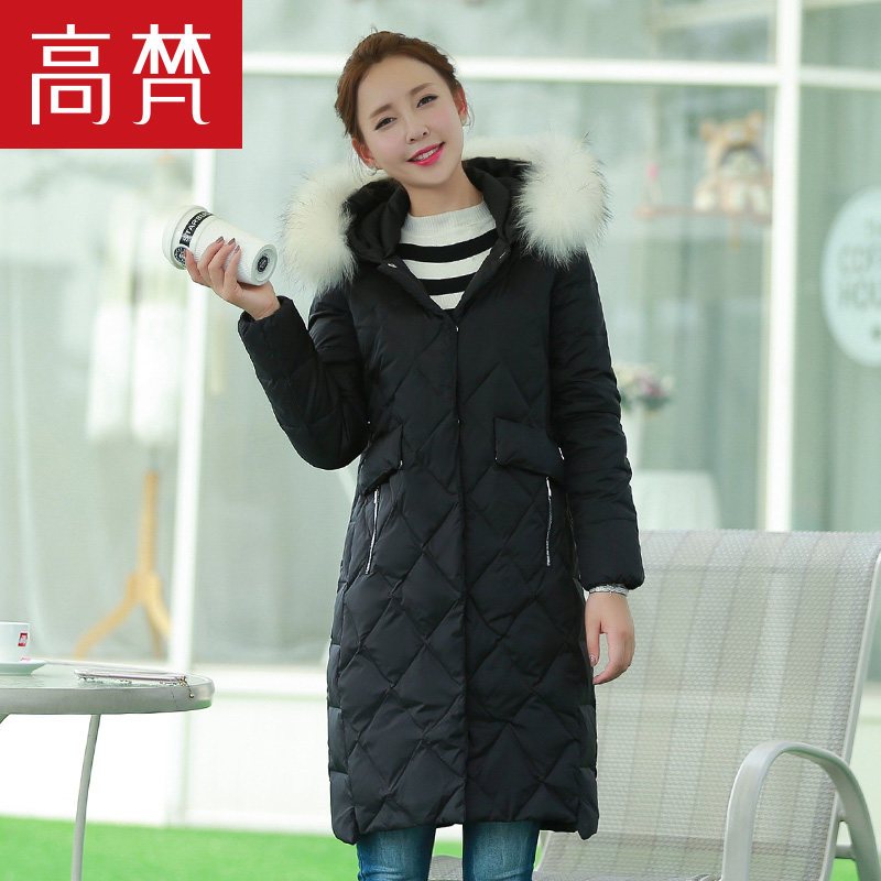 高梵(GOLDFARM)冬季大毛领菱格女士羽绒服中长款修身外套女 黑色 175/XXL