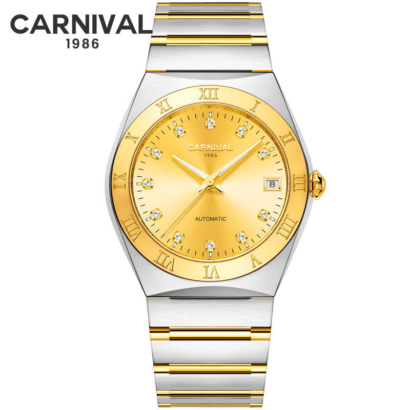 嘉年华Carnival时尚水钻手表 男士全自动机械表 男表进口Miyota机芯复古金色表商务腕表轻奢8581G 罗马间金金色面