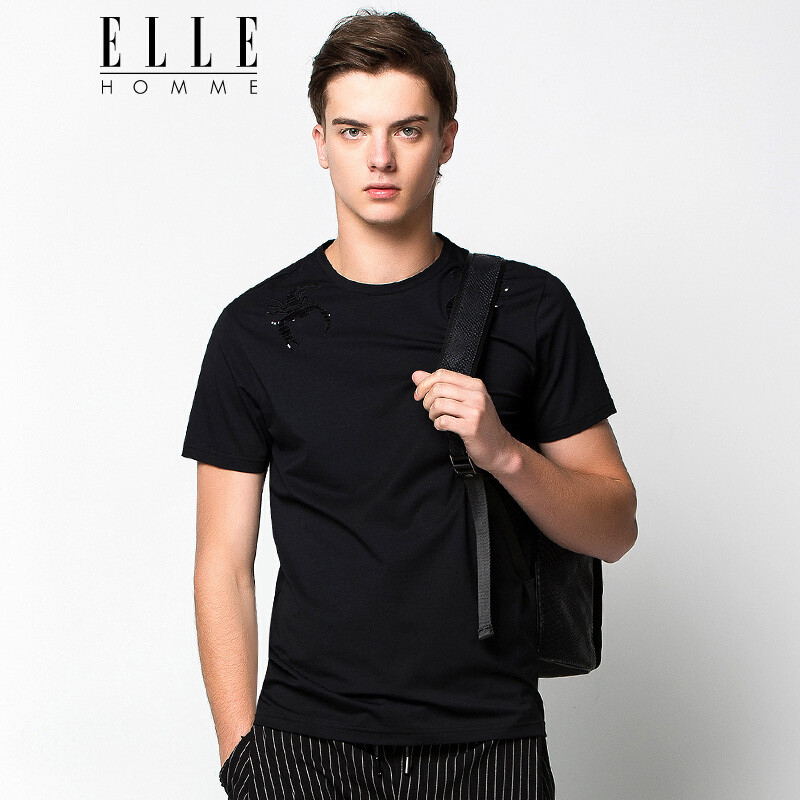 ELLEHOMME男装短袖T恤男时尚亮片刺绣圆领百搭T恤夏季新款 50/175 黑色