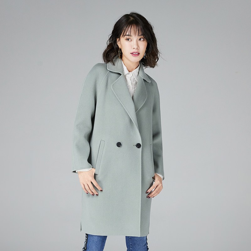 高梵(GOLDFARM)气质中长款女士毛呢外套新款秋季韩版双面呢大衣女 豆绿 XL