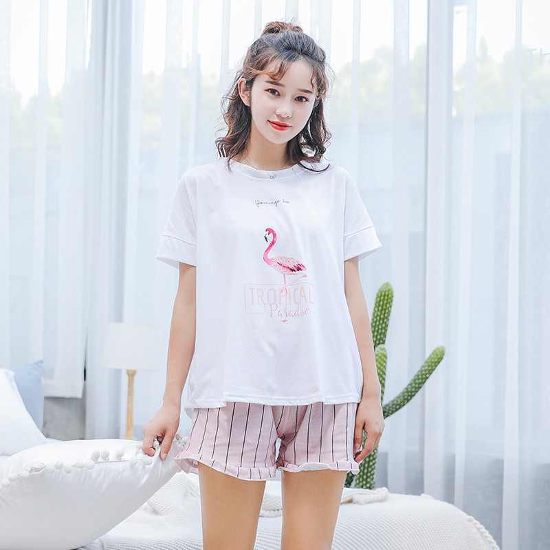 亨尔泰 家居服火焰鸟 睡衣女夏季纯棉短袖短裤薄款休闲韩版春夏全棉家居服两件套 韩版时尚夏款 深白 XL