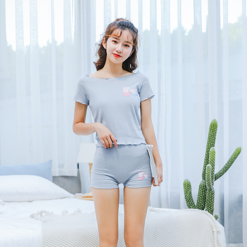 亨尔泰两套价夏季短袖纯棉睡衣夏天女士家居服套装韩版可爱春夏款 XL 浅蓝