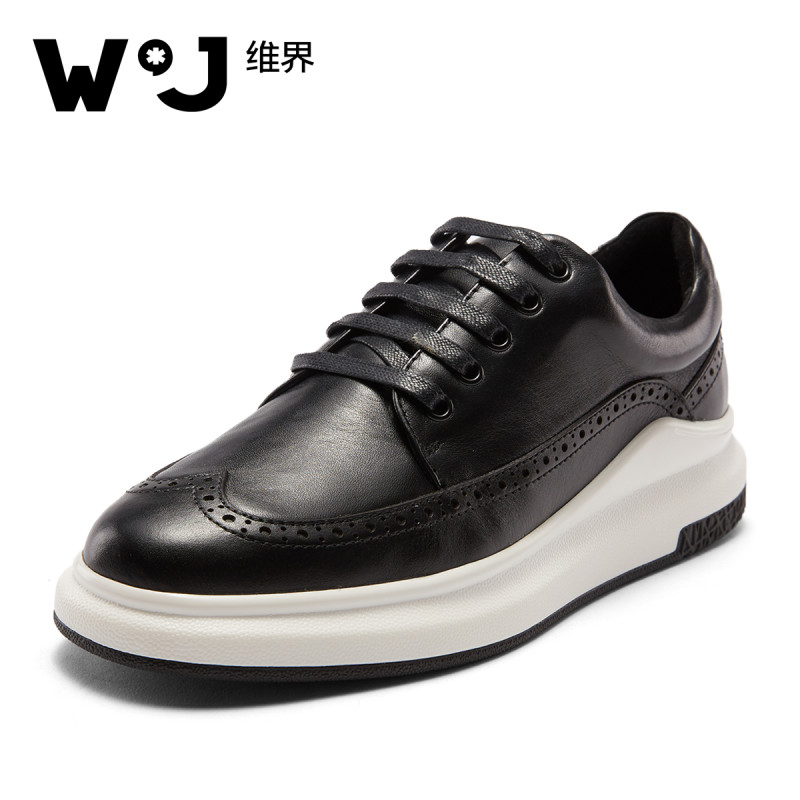 维界男鞋新款英伦商务休闲皮鞋时尚系带潮鞋子男白色厚底板鞋个性_leP61 黑色 39