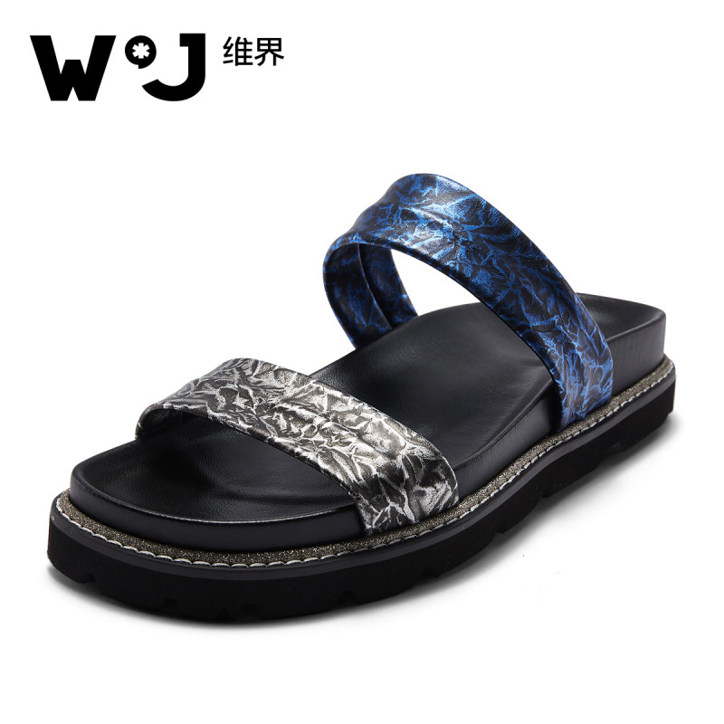 维界夏季男士新款韩版潮流真牛皮时尚百搭一字拖凉鞋沙滩鞋潮鞋男 蓝灰 39