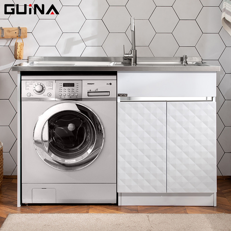贵娜(guina) 洗衣柜 阳台洗衣池带搓板洗衣机伴侣柜 1.3M 1.3白压花右盆