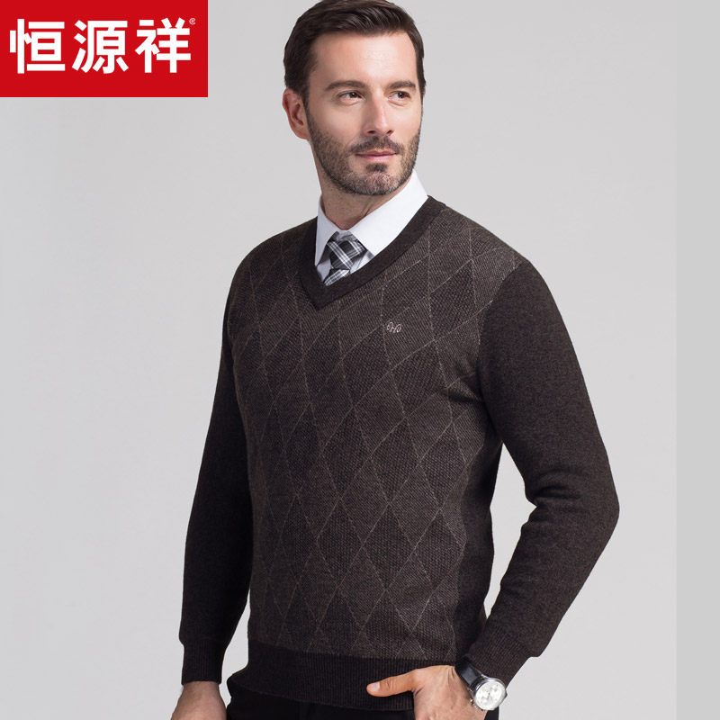 恒源祥羊毛衫冬季v领纯羊毛中老年毛衣纯色加厚鸡心领针织男装_2 165/100 23066589浅咖