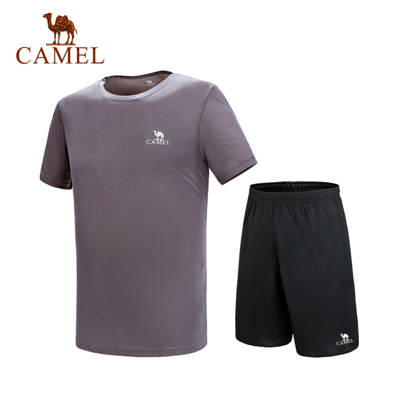 CAMEL骆驼户外速干套装 2018夏季新款男款运动跑步健身透气吸汗速干短袖衣裤两件套 S 黑/灰，二件套