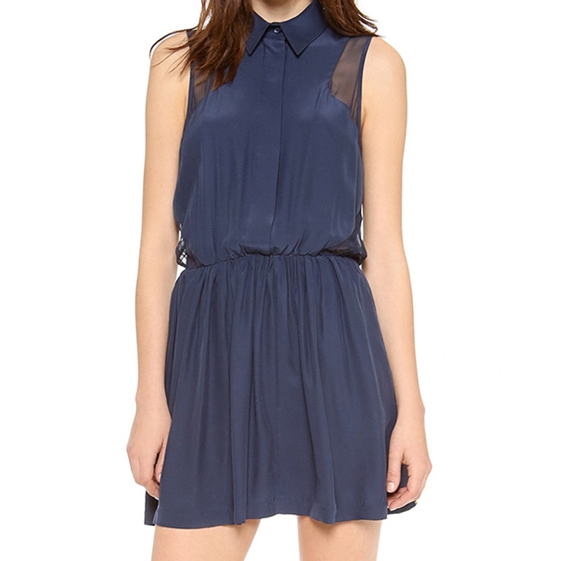 HAODUOYI性感透视 夏季款 门襟隐形纽扣腰部抽细褶衬衣式女士无袖连衣裙 蓝色 XL