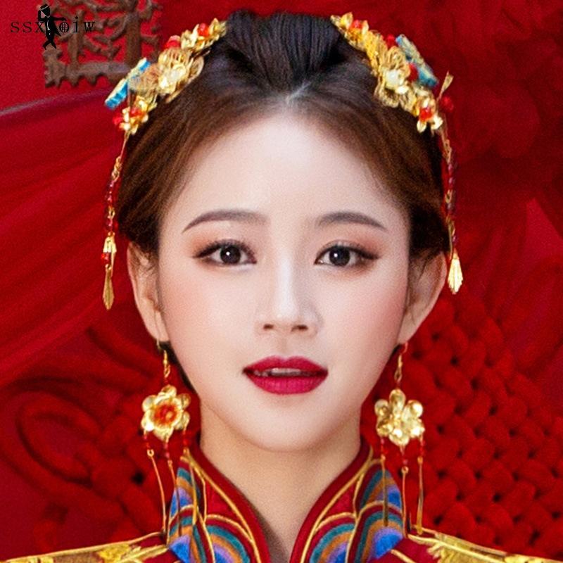 ssxoiw新娘金色饰古装秀禾服头饰中式龙凤褂敬酒服配