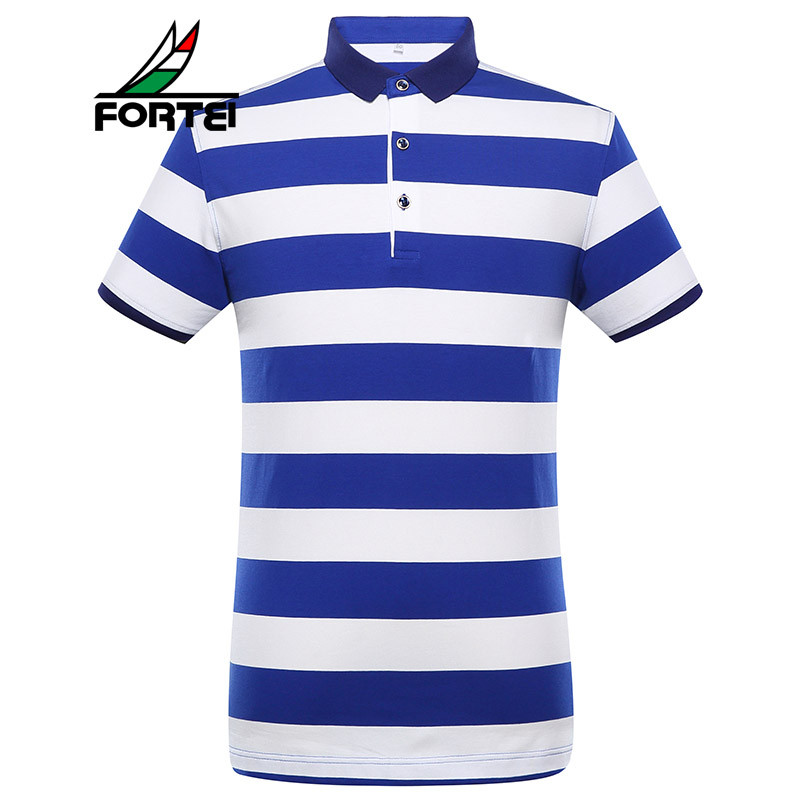 FORTEI富铤POLO衫男士时尚休闲夏季条纹翻领棉质微弹短袖T恤 50(175/L) 蓝白条