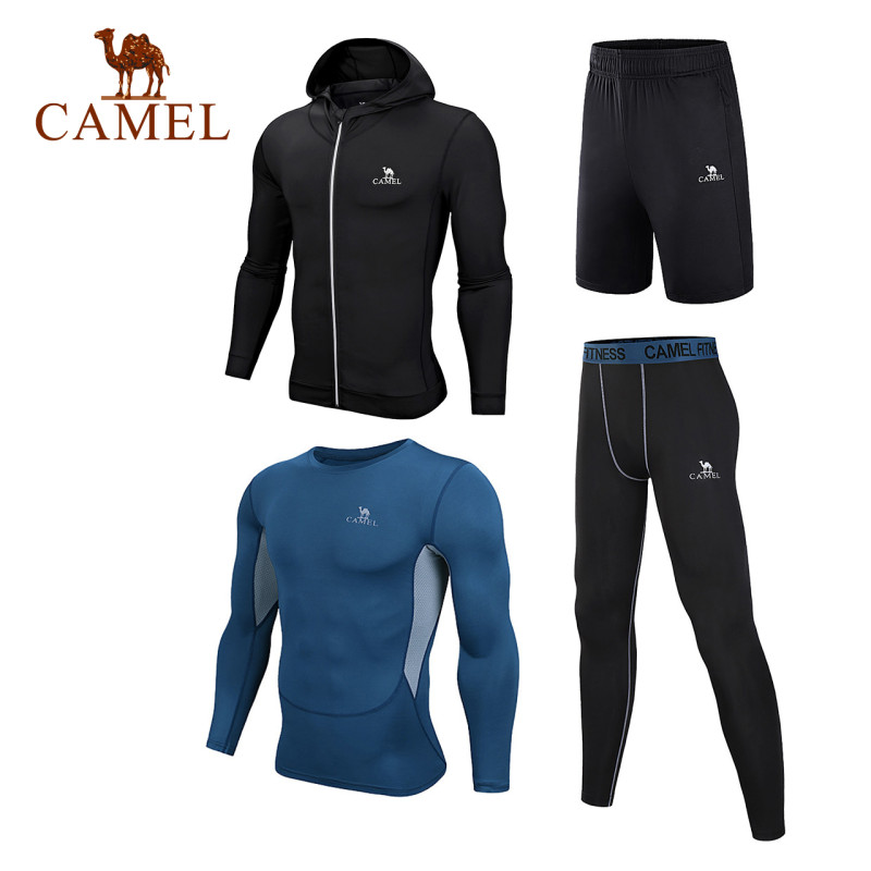 CAMEL骆驼户外速干套装 2018秋冬新款男款跑步健身运动训练紧身速干衣裤套装 M J8TZ140129，（蓝+黑）四件套