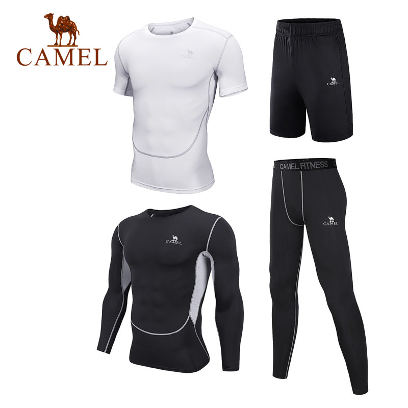 CAMEL骆驼户外速干套装 2018秋冬新款男款跑步健身运动训练紧身速干衣裤套装 M J8TZ140109，（黑+白）四件套