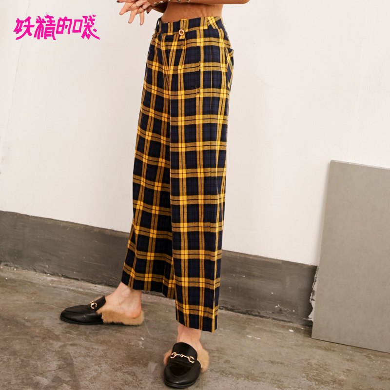 妖精的口袋Y阔腿裤秋季2018新款黄色格子休闲长裤纯棉通勤裤子女J_1 XL 麦穗黄色
