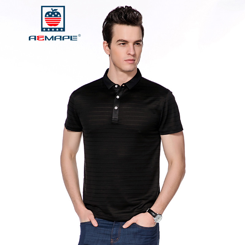 AEMAPE苹果竹纤维短袖POLO衫男士时尚条纹夏季休闲舒适T恤 54(185/XXL) 黑色