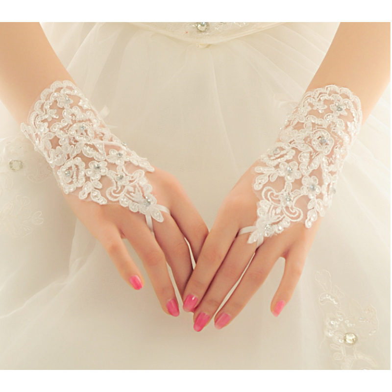 新娘结婚手套婚纱礼服配饰短款长款露指蕾丝缎面红白黑色手套 默认尺寸 款式十五