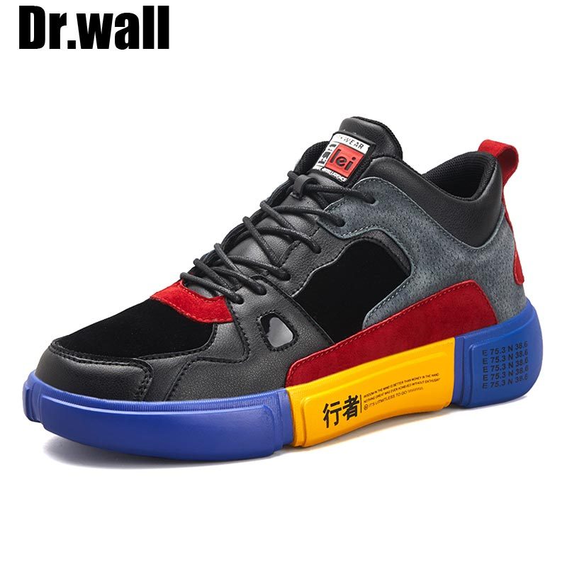 英国品牌Dr.wall2018新品男鞋冬季嘻哈高帮鞋韩版潮流板鞋运动男士休闲鞋透气高邦鞋子跑步鞋 黑灰红 41码