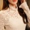 简妮薇2018秋冬长袖打底衫女装新款韩版蕾丝小衫女时尚百搭钉珠立领网纱上衣大码女装潮 3XL 白色