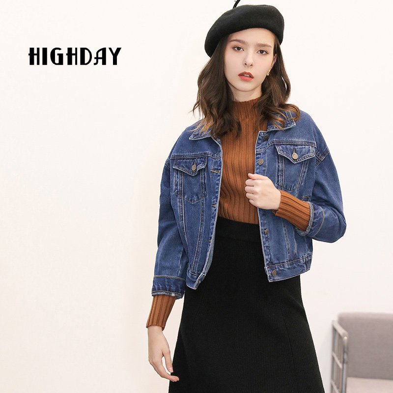 highday轩日早秋帅气简约贴布印花牛仔外套街头短款牛仔服女款 S 牛仔蓝