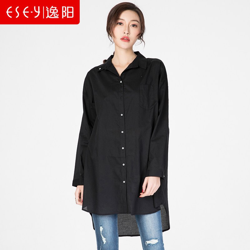 2018春夏新款女装纯色韩版宽松休闲中长款衬衫女清仓1575K_3 L 黑色