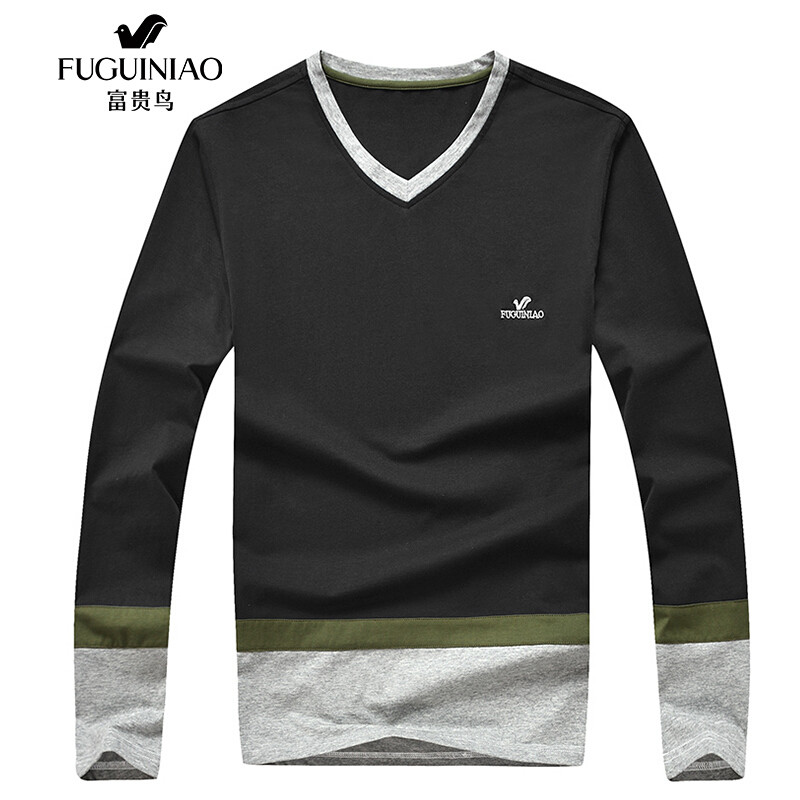 富贵鸟（FUGUINIAO）长袖T恤男装T恤时尚V领撞色T恤男长袖 3XL 黑色