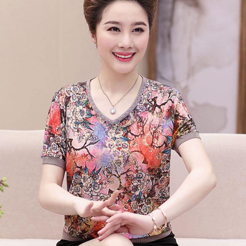 妈妈装夏装短袖T恤中年妇女40-50岁V领碎花小衫中老年上衣薄 XXL适合135-145斤 红色6623