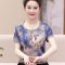 妈妈装夏装短袖T恤中年妇女40-50岁V领碎花小衫中老年上衣薄 XXL适合135-145斤 红色6623