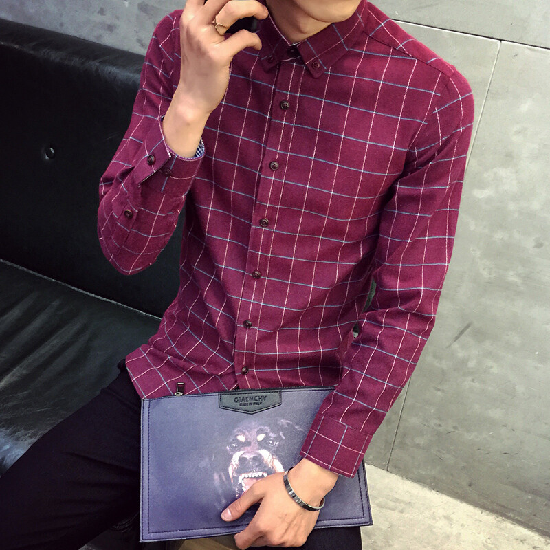 2018新款衬衫男长袖格子韩版青少年春季休闲潮流帅气修身衬衣_9 XL 酒红色