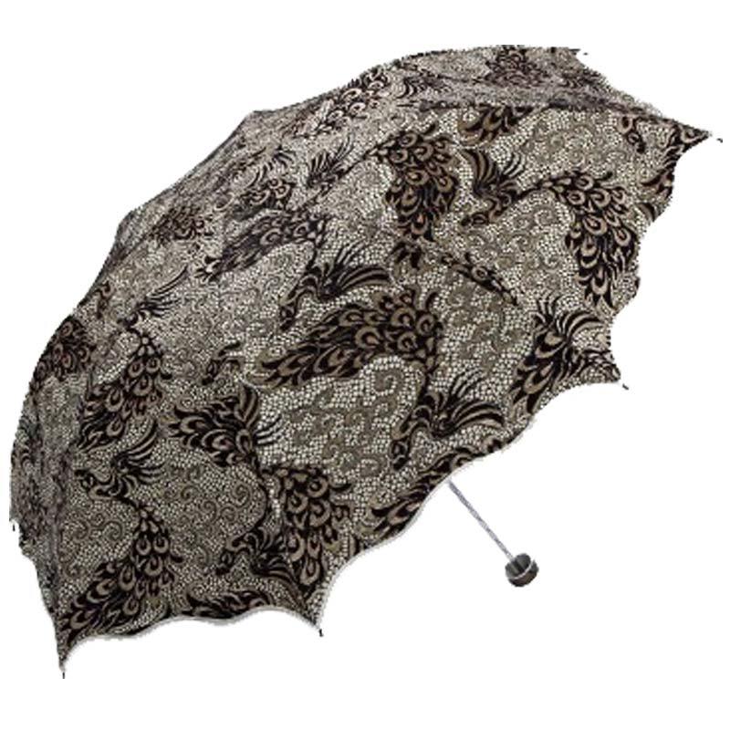 天堂伞 凤翼天翔双层黑胶蕾丝覆膜三折超轻晴雨伞太阳伞 L33191E 米黄