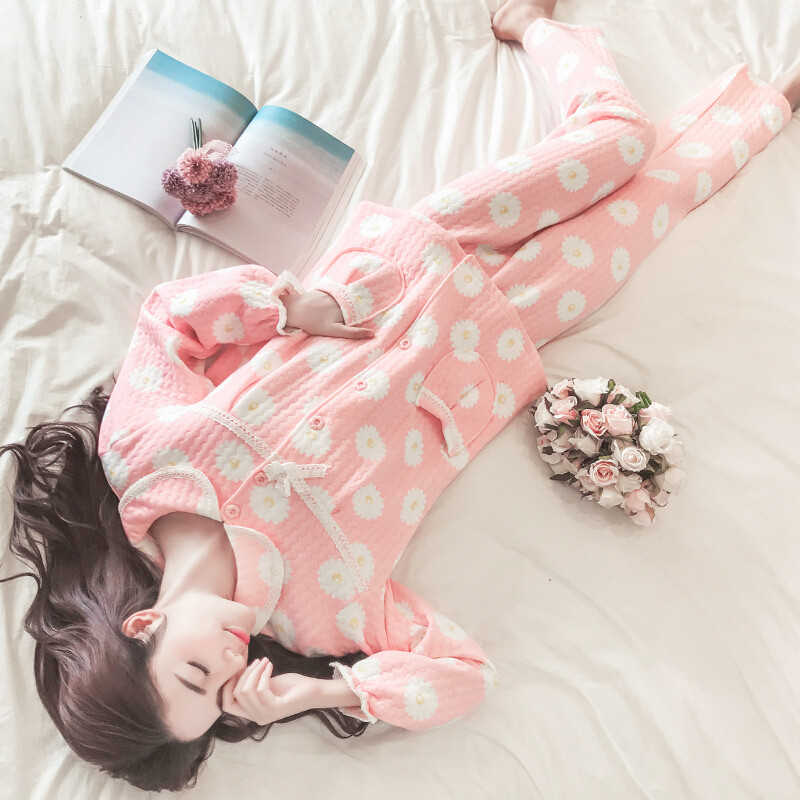 睡衣女秋长袖空气夹层冬季睡衣套装女士韩版开衫加厚家居服_4 XL(125-145斤) 粉色菊花夹层