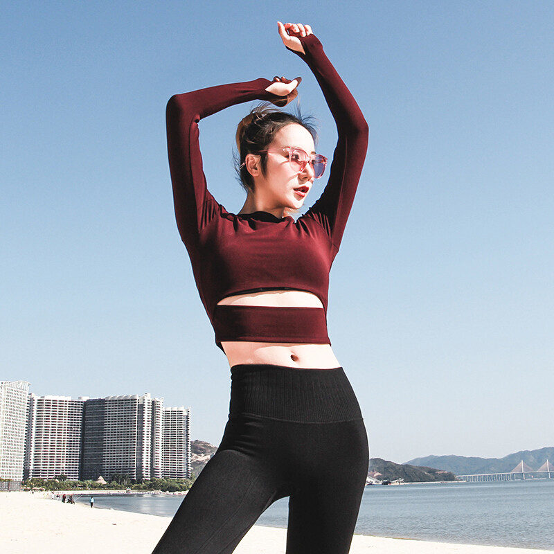 健身速干上衣瑜伽服长袖女夏露脐紧身衣跑步短款运动T恤女夏_1 M 酒红色