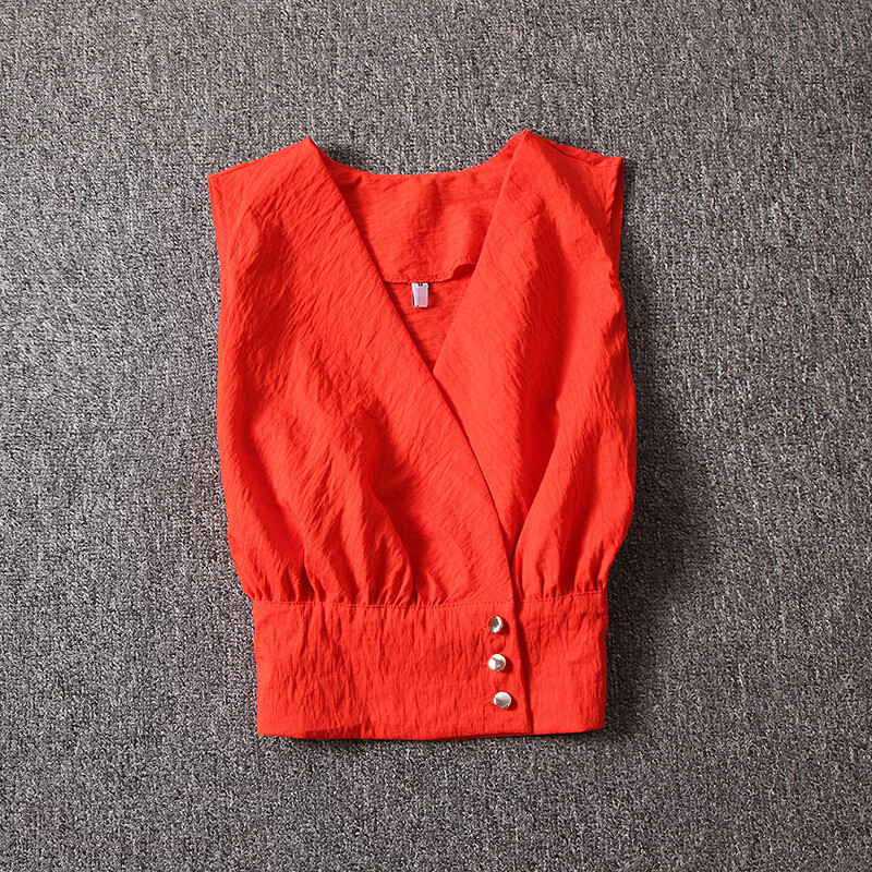 个性无袖V领收腰短款T恤欧洲站女装2018夏装新款纯色上衣 L 红色