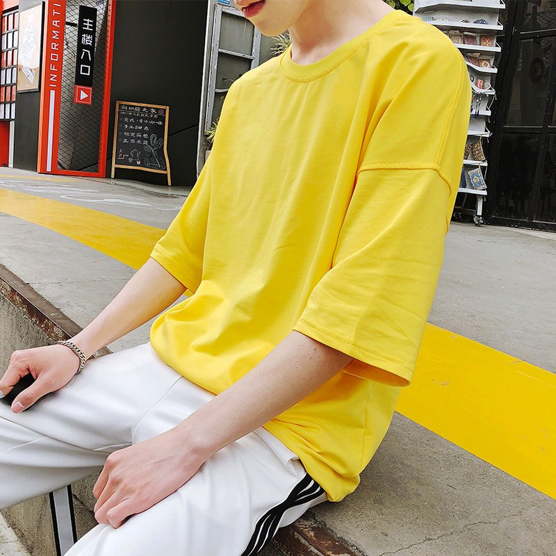 男士短袖T恤打底衫上衣服夏款圆领半袖纯白色中袖宽松七分中袖_1 L 黄色