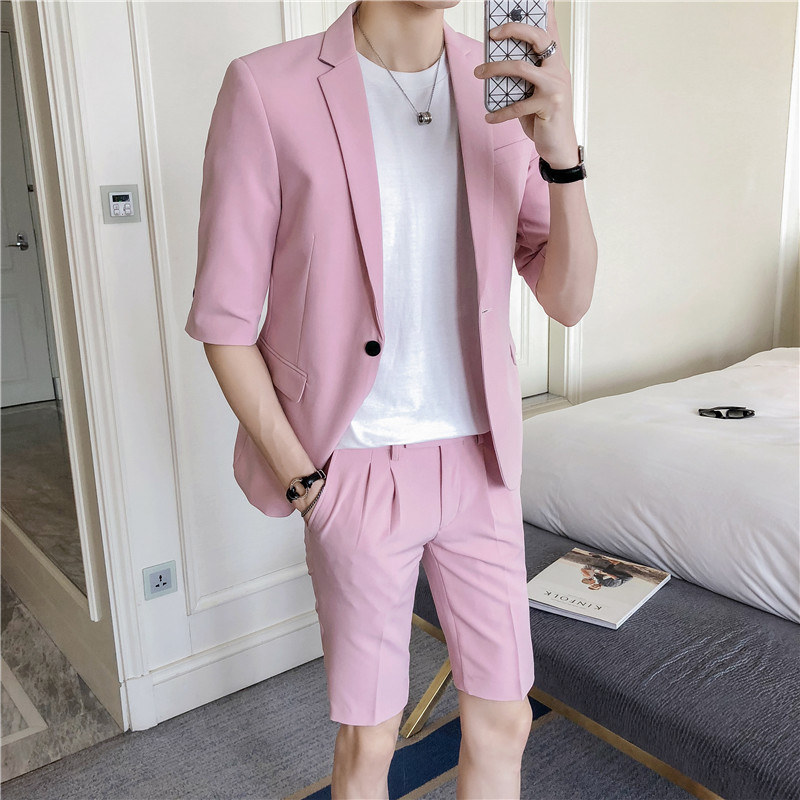 夏款社会精神小伙七分袖西服套装青年型师修身短款小西装套装潮_2_9 M 粉红色