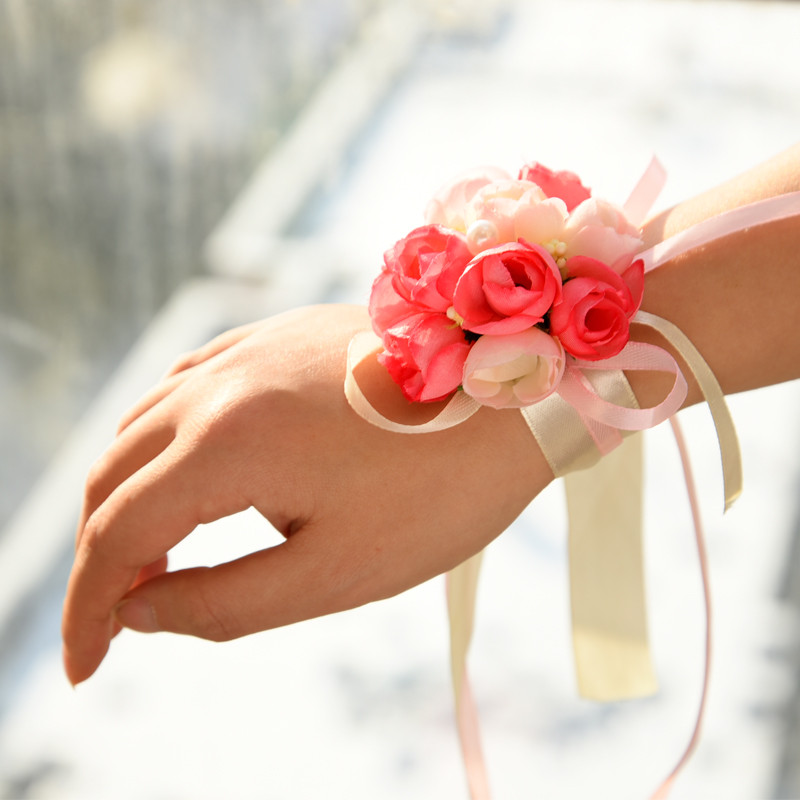 韩式仿真姐妹手腕花长飘带伴娘腕花新娘结婚手腕花 韩式腕花 韩式手腕花（粉拼玫）