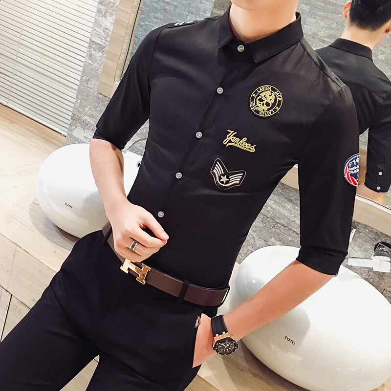 型师作制男士7七分中袖衬衫衬衣 2XL 黑色