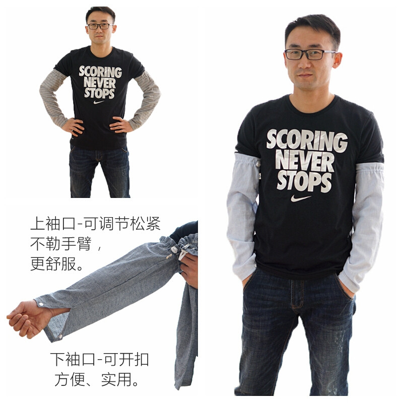 宽松加肥纯棉袖套长款防晒护袖男大码夏季开车防紫外线手臂套袖骑自行车胳膊套袖成人防静电防滑套_1 浅蓝色中号XL140-180斤用