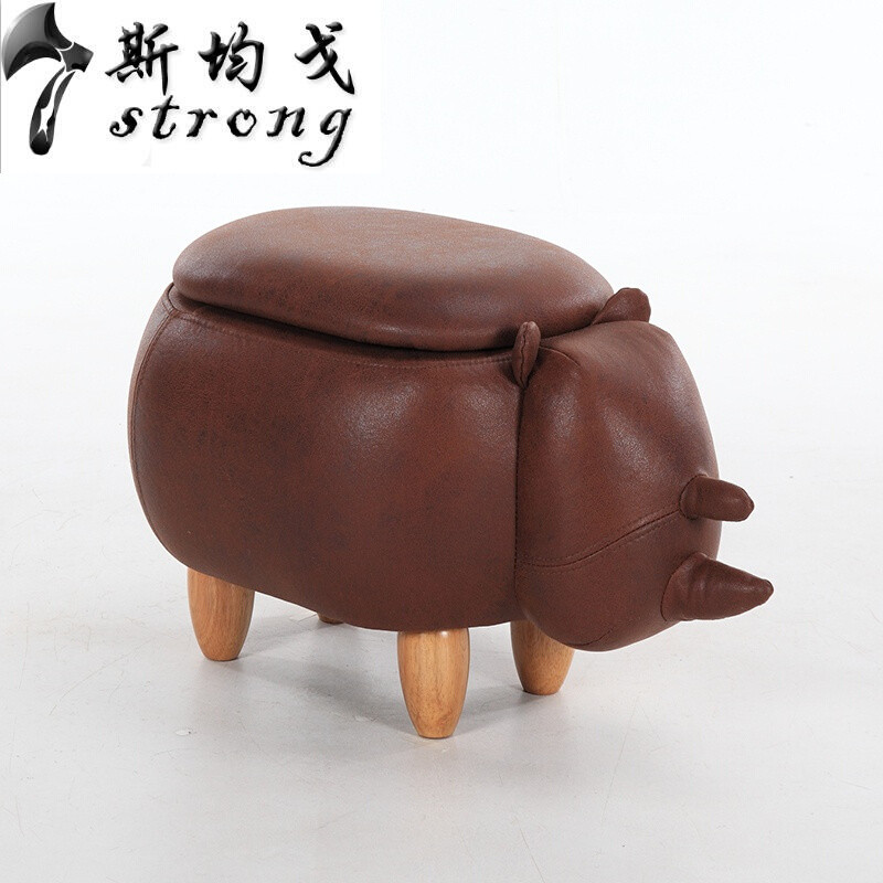 创意换鞋凳沙凳创意设计鞋凳牛墩子储物矮凳卡通凳收纳脚凳拆洗奶牛可拆洗_4 带储物棕色犀牛烫金革