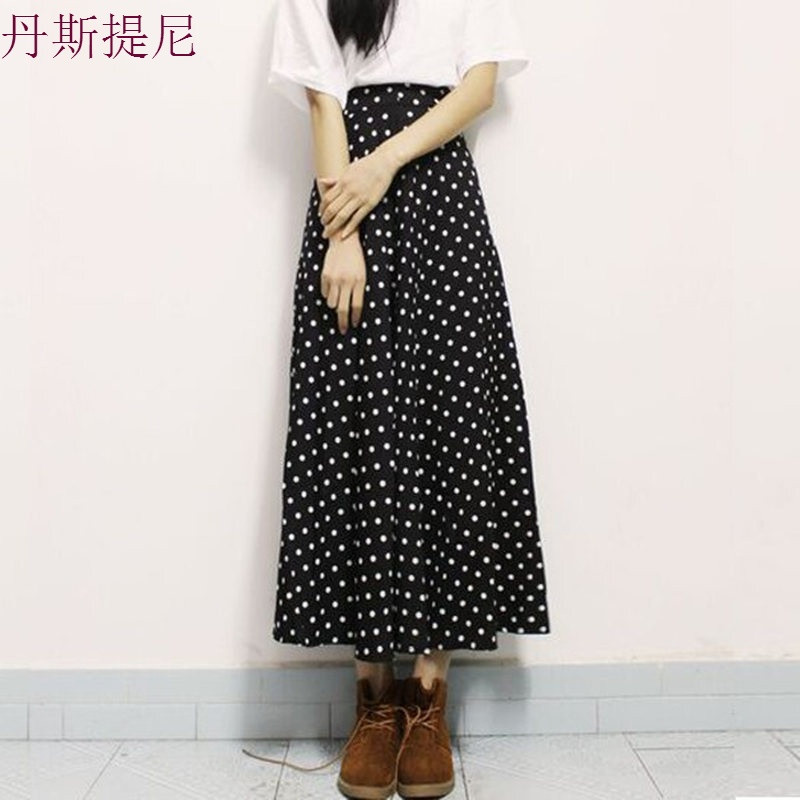 波点雪纺半身裙中长款女夏2018韩版高腰显瘦长裙子鱼尾a字裙 S 藏蓝色